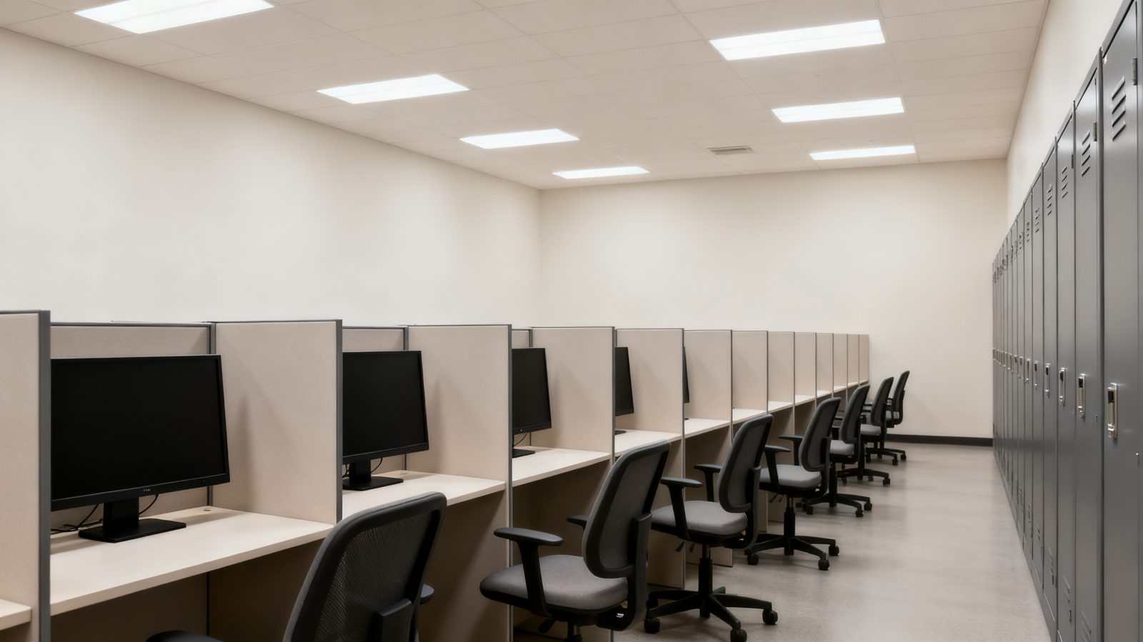 In-person testing illustration of a test taker seated at a desk in a Prometric test center with a proctor nearby, replacing the at-home remote LSAT sitting